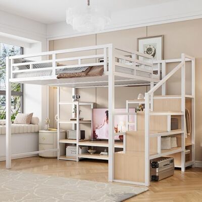 Merax Hochbett 140x200 cm mit Regal, Steckdose, Sicherheitsleiter, stabile Metall-Holz-Kombination, platzsparendes Etagenbett mit Stauraum, Weiß (Ohne Matratze) Merax Hochbett 140x200 cm mit Regal, Steckdose, Sicherheitsleiter, stabile Metall-Holz-Kombination, platzsparendes Etagenbett mit Stauraum, Weiß (Ohne Matratze)