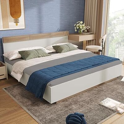Merax Holzbett Doppelbett, Bettrahmen aus Holz mit Kopfteil und Lattenrost, 180 x 200 cm, Modern Schwebebett, Futonbett, Bett für Erwachsene & Jugend, Schlafzimmermöbel, Weiß & Eiche Sonoma Merax Holzbett Doppelbett, Bettrahmen aus Holz mit Kopfteil und Lattenrost, 180 x 200 cm, Modern Schwebebett, Futonbett, Bett für Erwachsene & Jugend, Schlafzimmermöbel, Weiß & Eiche Sonoma