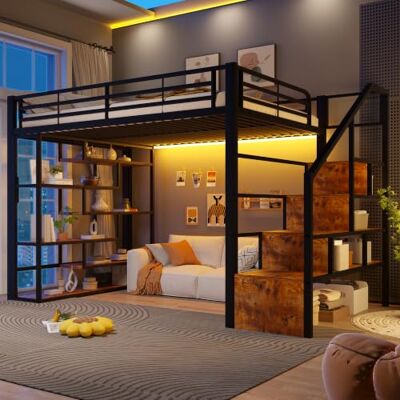 Merax Hochbett 140x200 cm, Metallbett mit Treppe und Rausfallschutz, Kinderhochbett mit LED, Ablagefach, Leiter, offener Stauraum unter dem Bett, Jugendbett Bettgestell (ohne Matratze), Schwarz Merax Hochbett 140x200 cm, Metallbett mit Treppe und Rausfallschutz, Kinderhochbett mit LED, Ablagefach, Leiter, offener Stauraum unter dem Bett, Jugendbett Bettgestell (ohne Matratze), Schwarz