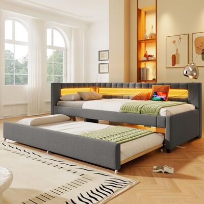 BTM Tagesbett mit Schlafsofa Ausziehbar Bett 90x200cm Daybett Polsterbett mit LED, USB, Typ-C (ohne Matratze), Leinen, Grau BTM Tagesbett mit Schlafsofa Ausziehbar Bett 90x200cm Daybett Polsterbett mit LED, USB, Typ-C (ohne Matratze), Leinen, Grau