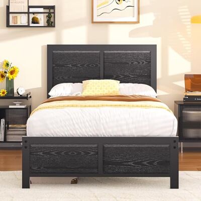 VECELO Bettgestell 90 x 200 cm, Metallbett mit Dick Holzkopfteil und Lattenrost, Modern Gästebett Jugendbett mit Stauraum Unter Dem Bett, Perfekt für Schlafzimmer, Schwarz VECELO Bettgestell 90 x 200 cm, Metallbett mit Dick Holzkopfteil und Lattenrost, Modern Gästebett Jugendbett mit Stauraum Unter Dem Bett, Perfekt für Schlafzimmer, Schwarz