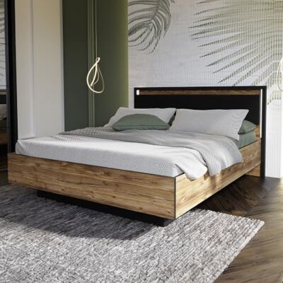 Forte HAYATO Bett 160x200 cm, modernes Bettgestell mit anhebbarem Lattenrost, Polsterkopfteil, Holzwerkstoff, Alpenfichte Holzdekor/Schwarz, 172,6 cm breit x 104,5 cm hoch x 207,3 cm tief Forte HAYATO Bett 160x200 cm, modernes Bettgestell mit anhebbarem Lattenrost, Polsterkopfteil, Holzwerkstoff, Alpenfichte Holzdekor/Schwarz, 172,6 cm breit x 104,5 cm hoch x 207,3 cm tief