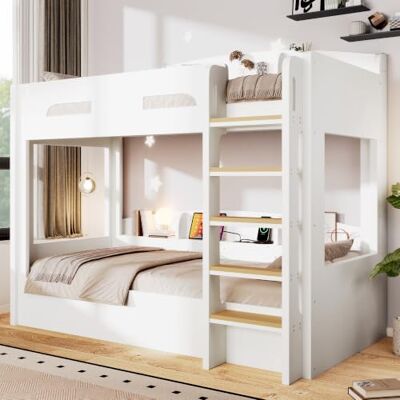 BTM Etagenbett 90 x 200cm Jugendbett mit Stauraum und USB, Stockbett für 2 Kinder mit Rausfallschutz Weiß, ohne Matratze BTM Etagenbett 90 x 200cm Jugendbett mit Stauraum und USB, Stockbett für 2 Kinder mit Rausfallschutz Weiß, ohne Matratze