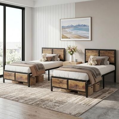VECELO 2er-Set Bettgestell 90 x 200 cm, Einzelbett mit dickem Holzkopfteil und Metall-Lattenrost, Stauraum unter dem Bett, Stabiler Bettrahmen für Schlafzimmer, Vintage Braun VECELO 2er-Set Bettgestell 90 x 200 cm, Einzelbett mit dickem Holzkopfteil und Metall-Lattenrost, Stauraum unter dem Bett, Stabiler Bettrahmen für Schlafzimmer, Vintage Braun