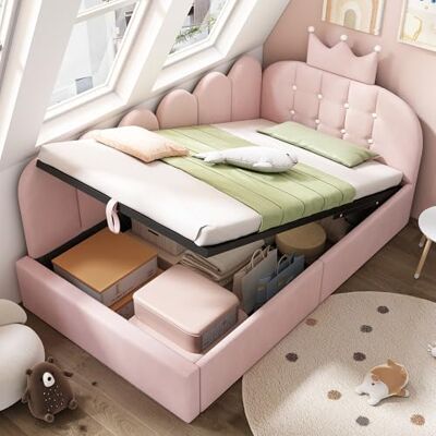 BTM L-Form Tagesbett Schlafsofa aus Samt Rosa 90x190 cm, Polsterbett Gästebett mit hydraulischem Stauraum, liebliches Krone-Gitter Design für Kinderzimmer, Matratze Nicht enthalten BTM L-Form Tagesbett Schlafsofa aus Samt Rosa 90x190 cm, Polsterbett Gästebett mit hydraulischem Stauraum, liebliches Krone-Gitter Design für Kinderzimmer, Matratze Nicht enthalten