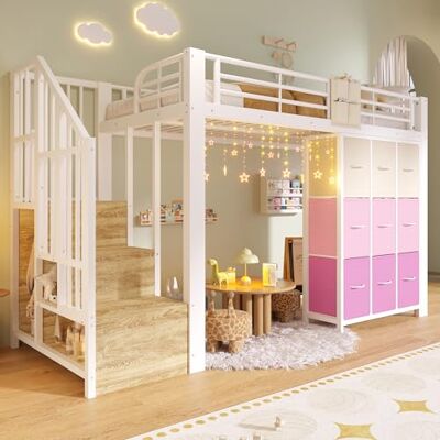 BTM Metall Hochbett 90x200 mit Treppe und Modulares Schubladen Stauraum Hochbett Kinder mit Rausfallschutz, Weiß BTM Metall Hochbett 90x200 mit Treppe und Modulares Schubladen Stauraum Hochbett Kinder mit Rausfallschutz, Weiß