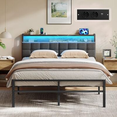 VASAGLE Bettgestell 140 x 200 cm, Bett mit LED-Beleuchtung, Steckdosenleiste, aus Metall, Bettrahmen mit gepolstertem Kopfteil und Stauraum, tintenschwarz-vintagebraun RMB124G101 VASAGLE Bettgestell 140 x 200 cm, Bett mit LED-Beleuchtung, Steckdosenleiste, aus Metall, Bettrahmen mit gepolstertem Kopfteil und Stauraum, tintenschwarz-vintagebraun RMB124G101