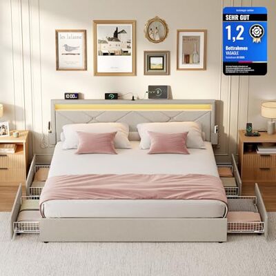 VASAGLE Doppelbettgestell, Bettgestell, 160 x 200 cm, LED, Metallbett, 4 Schubladen, Ladestation, verstellbares gepolstertes Kopfteil, cappuccinobeige RMB828LH01 VASAGLE Doppelbettgestell, Bettgestell, 160 x 200 cm, LED, Metallbett, 4 Schubladen, Ladestation, verstellbares gepolstertes Kopfteil, cappuccinobeige RMB828LH01