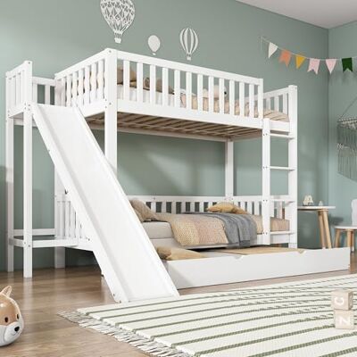 Merax Etagenbett mit Rollbett und Rutsche, Kinderbett mit Fallschutzgitter, 4-stufiger gerader Leiter und Regale, Kiefer+MDF, Weiß, 90x200/190cm, ohne Matratzen, für DREI Personen Merax Etagenbett mit Rollbett und Rutsche, Kinderbett mit Fallschutzgitter, 4-stufiger gerader Leiter und Regale, Kiefer+MDF, Weiß, 90x200/190cm, ohne Matratzen, für DREI Personen