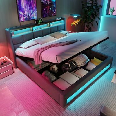 Merax Polsterbett 140x200cm, Doppelbett mit Bettkasten und Lattenrost, Stauraum Kopfteil mit LED & USB Ladefunktion, Hydraulisch Stauraumbett Funktionsbetten, Leinen, Jugendbett, ohne Matratze, Grau Merax Polsterbett 140x200cm, Doppelbett mit Bettkasten und Lattenrost, Stauraum Kopfteil mit LED & USB Ladefunktion, Hydraulisch Stauraumbett Funktionsbetten, Leinen, Jugendbett, ohne Matratze, Grau