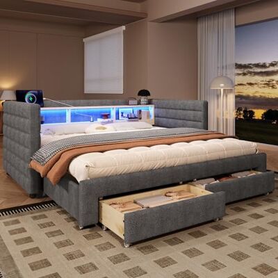 BTM Daybett 90x190 mit Stauraum Samt Tagesbett mit LED-Licht Ausziehbett, Schubladen Schlafcouch Ausziehbar Bett Grau (ohne Matratze) BTM Daybett 90x190 mit Stauraum Samt Tagesbett mit LED-Licht Ausziehbett, Schubladen Schlafcouch Ausziehbar Bett Grau (ohne Matratze)