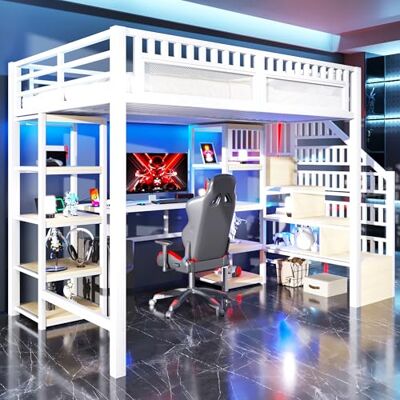 BTM Jugendbett 140 x 200 cm Metall Hochbett mit Schreibtisch, LED-Lichtleiste Kinderbett mit Treppe Einzelbett mit Stauraum, Schwarz, ohne Matratze BTM Jugendbett 140 x 200 cm Metall Hochbett mit Schreibtisch, LED-Lichtleiste Kinderbett mit Treppe Einzelbett mit Stauraum, Schwarz, ohne Matratze