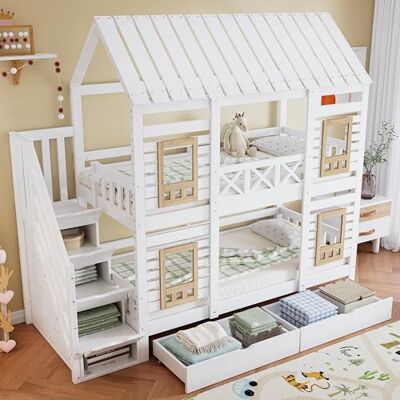 Merax Etagenbett 90x200cm, Kinderbett Hochbett mit Stauraum Treppe & Schubladen, Hausbett mit Dach & Fenster, Platzsparendes Stockbett mit Lattenrost & Rausfallschutz, Jugendbett, Ohne Matratze, Weiß Merax Etagenbett 90x200cm, Kinderbett Hochbett mit Stauraum Treppe & Schubladen, Hausbett mit Dach & Fenster, Platzsparendes Stockbett mit Lattenrost & Rausfallschutz, Jugendbett, Ohne Matratze, Weiß