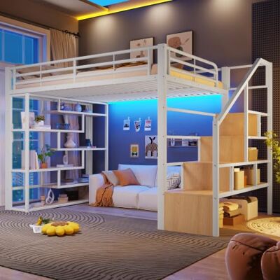 Merax Hochbett 140x200 cm, Metallbett mit Treppe und Rausfallschutz, Kinderhochbett mit LED, Ablagefach, Leiter, offener Stauraum unter dem Bett, Jugendbett Bettgestell (ohne Matratze), Weiß Merax Hochbett 140x200 cm, Metallbett mit Treppe und Rausfallschutz, Kinderhochbett mit LED, Ablagefach, Leiter, offener Stauraum unter dem Bett, Jugendbett Bettgestell (ohne Matratze), Weiß