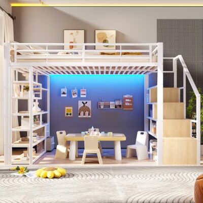 Merax Hochbett 140x200 cm, Metallbett mit Treppe und Rausfallschutz, Kinderhochbett mit LED, Ablagefach, Stoffschubladen, offener Stauraum unter dem Bett, Jugendbett Bettgestell(ohne Matratze), Weiß Merax Hochbett 140x200 cm, Metallbett mit Treppe und Rausfallschutz, Kinderhochbett mit LED, Ablagefach, Stoffschubladen, offener Stauraum unter dem Bett, Jugendbett Bettgestell(ohne Matratze), Weiß