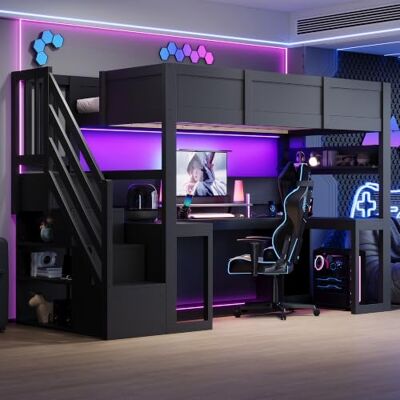 BTM Gaming Hochbett 90x200 mit Schreibtisch & Treppe Schwarz mit Schreibtisch, Treppe, LED, USB BTM Gaming Hochbett 90x200 mit Schreibtisch & Treppe Schwarz mit Schreibtisch, Treppe, LED, USB