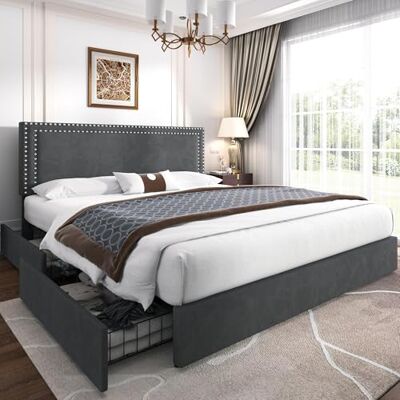 VECELO Polsterbett Doppelbett 140 x 200 cm mit 4 Stauraum Schubladen, Doppelbettgestell mit Höhenverstellbarem Kopfteil und Bettkasten, Bett mit Stauraum und Lattenrost, Ohne Matratze, Samt, Grau VECELO Polsterbett Doppelbett 140 x 200 cm mit 4 Stauraum Schubladen, Doppelbettgestell mit Höhenverstellbarem Kopfteil und Bettkasten, Bett mit Stauraum und Lattenrost, Ohne Matratze, Samt, Grau