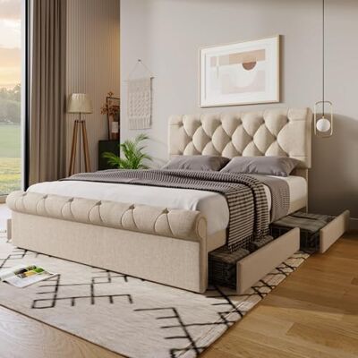 Merax Polsterbett 140x200cm mit 4 Schubladen, Doppelbett Bettgestell mit Lattenrost und Höhenverstellbarem Kopfteil, Leinenmaterial, Chesterfield Funktionsbett, Stauraumbett, Ohne Matratze, Natürlich Merax Polsterbett 140x200cm mit 4 Schubladen, Doppelbett Bettgestell mit Lattenrost und Höhenverstellbarem Kopfteil, Leinenmaterial, Chesterfield Funktionsbett, Stauraumbett, Ohne Matratze, Natürlich