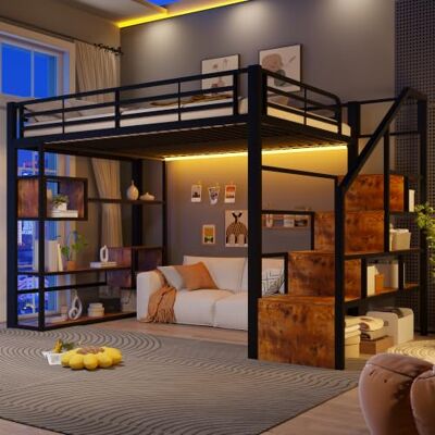 Merax Hochbett 140x200 cm, Metallbett mit Stauraum-Treppe, Rausfallschutz, Kinderhochbett mit LED, Ablagefach, offener Stauraum unter dem Bett, Jugendbett Bettgestell (ohne Matratze), Schwarz Merax Hochbett 140x200 cm, Metallbett mit Stauraum-Treppe, Rausfallschutz, Kinderhochbett mit LED, Ablagefach, offener Stauraum unter dem Bett, Jugendbett Bettgestell (ohne Matratze), Schwarz