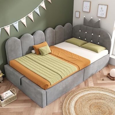 BTM L-Form Tagesbett Schlafsofa aus Samt Grau 90x190 cm, Polsterbett mit hydraulischem Stauraum, süßes Krone-Gitter Design als Gästebett, Matratze Nicht enthalten BTM L-Form Tagesbett Schlafsofa aus Samt Grau 90x190 cm, Polsterbett mit hydraulischem Stauraum, süßes Krone-Gitter Design als Gästebett, Matratze Nicht enthalten