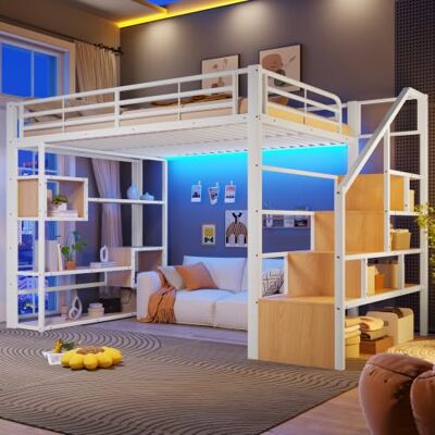 Merax Hochbett 140x200 cm, Metallbett mit Stauraum-Treppe, Rausfallschutz, Kinderhochbett mit LED, Ablagefach, offener Stauraum unter dem Bett, Jugendbett Bettgestell (ohne Matratze), Weiß Merax Hochbett 140x200 cm, Metallbett mit Stauraum-Treppe, Rausfallschutz, Kinderhochbett mit LED, Ablagefach, offener Stauraum unter dem Bett, Jugendbett Bettgestell (ohne Matratze), Weiß