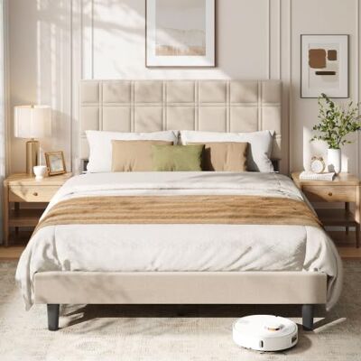 VASAGLE Bettgestell 140 x 200 cm, Polsterbett mit Kopfteil Metallbett 140 x 200 cm, Holzlatten, Geräuschlos, Schlafzimmer, Cappuccinobeige, MAZEY Kollektion RMB184L101 VASAGLE Bettgestell 140 x 200 cm, Polsterbett mit Kopfteil Metallbett 140 x 200 cm, Holzlatten, Geräuschlos, Schlafzimmer, Cappuccinobeige, MAZEY Kollektion RMB184L101