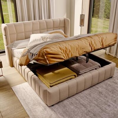 BTM Polsterbett 180 x 200 cm, Doppelbett mit Lattenrost, Rückenlehne, Bett mit Pneumatischem Stauraum, Bettwäschegestelle aus Leinen eignen Sich für Erwachsene und Jugendliche, Beige BTM Polsterbett 180 x 200 cm, Doppelbett mit Lattenrost, Rückenlehne, Bett mit Pneumatischem Stauraum, Bettwäschegestelle aus Leinen eignen Sich für Erwachsene und Jugendliche, Beige