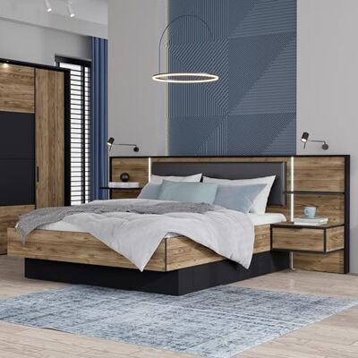Forte JABIM Bett 300, Modernes Bett mit 2 Nachtkommoden und 2 Schubladen, Schlafzimmer, Doppelbett, Holzwerkstoff, Schwarz/Alpenfichte Holzdekor, 299,5 cm breit x 107,8 cm hoch x 208,7 cm tief Forte JABIM Bett 300, Modernes Bett mit 2 Nachtkommoden und 2 Schubladen, Schlafzimmer, Doppelbett, Holzwerkstoff, Schwarz/Alpenfichte Holzdekor, 299,5 cm breit x 107,8 cm hoch x 208,7 cm tief