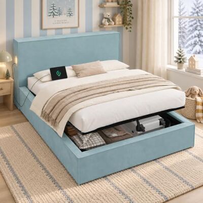 Merax Polsterbett Kinderbett 140x200 cm, Blau, Samt-Einzelbett mit hydraulischem Funktionsbett, Lattenrost, gepolstertem Kopfteil und großem Stauraum (Ohne Matratze) Merax Polsterbett Kinderbett 140x200 cm, Blau, Samt-Einzelbett mit hydraulischem Funktionsbett, Lattenrost, gepolstertem Kopfteil und großem Stauraum (Ohne Matratze)
