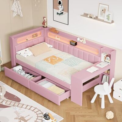 BTM Jugendbett 90x200 mit Schreibtisch Gepolstertes Tagesbett mit Schubladen USB und LED-Gürtel, Kinder Stauraumbett, Daybed Rosa BTM Jugendbett 90x200 mit Schreibtisch Gepolstertes Tagesbett mit Schubladen USB und LED-Gürtel, Kinder Stauraumbett, Daybed Rosa