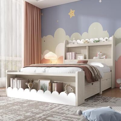 Merax Einzelbett 90x200 cm mit Schubladen, Regal & Sitzbank – Stauraumbett aus Holz, Weiß mit Eichefarben, Massives Bettgestell mit Lattenrost, Bett mit Stauraum, Ohne Matratze Merax Einzelbett 90x200 cm mit Schubladen, Regal & Sitzbank – Stauraumbett aus Holz, Weiß mit Eichefarben, Massives Bettgestell mit Lattenrost, Bett mit Stauraum, Ohne Matratze