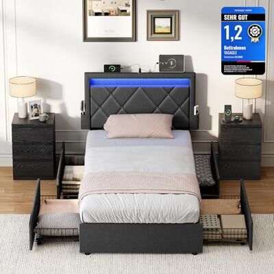 VASAGLE Einzelbettgestell, Bettgestell, 90 x 200 cm, LED, Metallbett, 4 Schubladen, Ladestation, verstellbares gepolstertes Kopfteil, dunkelgrau RMB820GN02 VASAGLE Einzelbettgestell, Bettgestell, 90 x 200 cm, LED, Metallbett, 4 Schubladen, Ladestation, verstellbares gepolstertes Kopfteil, dunkelgrau RMB820GN02
