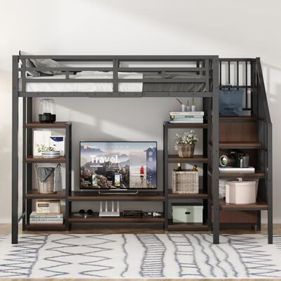 Merax Hochbett 90x200 cm mit TV-Ständer, Steckdose, platzsparendes Etagenbett mit Stauraum, multifunktionales Kinderbett für Jugendzimmer & kleine Räume, Schwarz (ohne Matratze) Merax Hochbett 90x200 cm mit TV-Ständer, Steckdose, platzsparendes Etagenbett mit Stauraum, multifunktionales Kinderbett für Jugendzimmer & kleine Räume, Schwarz (ohne Matratze)