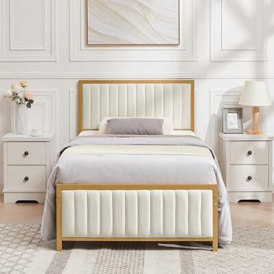 VECELO Bettgestell 90 x 200 cm, Einzelbett mit gestepptem Leinen-Kopf- und Fußteil, Bettrahmen mit Metalllattenrost, 32 cm Bodenfreiheit, Kein Boxspring benötigt, Beige VECELO Bettgestell 90 x 200 cm, Einzelbett mit gestepptem Leinen-Kopf- und Fußteil, Bettrahmen mit Metalllattenrost, 32 cm Bodenfreiheit, Kein Boxspring benötigt, Beige