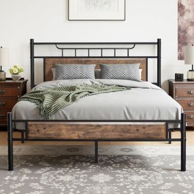 VECELO Retro Holz Metall Bettgestell 140x200 cm, Doppelbett mit Dickem Kopfteil und Lattenrost, Stabiler Rahmen Kein Boxspring erforderlich, ideal für Schlafzimmer und Gästezimmer, Braun VECELO Retro Holz Metall Bettgestell 140x200 cm, Doppelbett mit Dickem Kopfteil und Lattenrost, Stabiler Rahmen Kein Boxspring erforderlich, ideal für Schlafzimmer und Gästezimmer, Braun