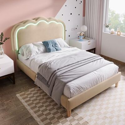 BTM Polsterbett LED Einzelbett 90 x 200 cm, Bettgestell mit Lattenrost und Verstellbares Kopfteil, Gepolstertes Bett in Beige,Bettrahmen Jugendbett für Schlafzimmer Gästezimmer-Leinenmaterial BTM Polsterbett LED Einzelbett 90 x 200 cm, Bettgestell mit Lattenrost und Verstellbares Kopfteil, Gepolstertes Bett in Beige,Bettrahmen Jugendbett für Schlafzimmer Gästezimmer-Leinenmaterial