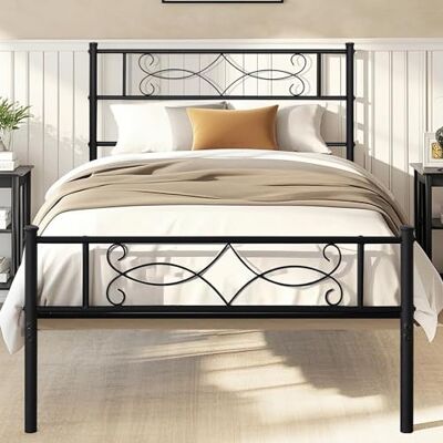 VECELO Bettgestell, 90 x 190 cm, Einzelbett aus Metall, kein Lattenrost erforderlich, einfache Montage, großer Lattenrost, Schwarz VECELO Bettgestell, 90 x 190 cm, Einzelbett aus Metall, kein Lattenrost erforderlich, einfache Montage, großer Lattenrost, Schwarz