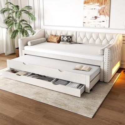 BTM 90-180x200 Tagesbett mit LED-Licht Ausziehbett mit Schubladen, Schrankbett Schlafcouch Ausziehbar Bett Beige (ohne Matratze) BTM 90-180x200 Tagesbett mit LED-Licht Ausziehbett mit Schubladen, Schrankbett Schlafcouch Ausziehbar Bett Beige (ohne Matratze)