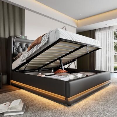 Merax Polsterbett 160x200cm, Doppelbett mit Stauraum und Lattenrost, LED Kopfteil mit USB C Ladefunktion, Hydraulisches Stauraumbett, Modern Funktionsbetten Bettgestell, Schwarz-PU, Ohne Matratze Merax Polsterbett 160x200cm, Doppelbett mit Stauraum und Lattenrost, LED Kopfteil mit USB C Ladefunktion, Hydraulisches Stauraumbett, Modern Funktionsbetten Bettgestell, Schwarz-PU, Ohne Matratze