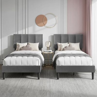VECELO 2er-Set Polsterbett 90x200 cm, Einzelbett mit Samt-Kopfteil und Lattenrost, hautfreundlich, aus legiertem Stahl, ohne Matratze, Grau VECELO 2er-Set Polsterbett 90x200 cm, Einzelbett mit Samt-Kopfteil und Lattenrost, hautfreundlich, aus legiertem Stahl, ohne Matratze, Grau