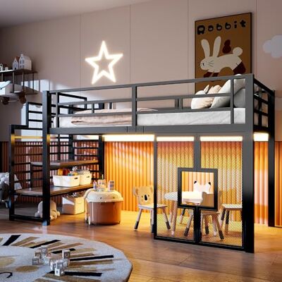 BTM Jugendbett 90 x 200 cm Metall Hochbett mit Schreibtisch, LED-Beleuchtung, Kinderbett mit Treppe, Einzelbett mit Stauraum, Schwarz BTM Jugendbett 90 x 200 cm Metall Hochbett mit Schreibtisch, LED-Beleuchtung, Kinderbett mit Treppe, Einzelbett mit Stauraum, Schwarz
