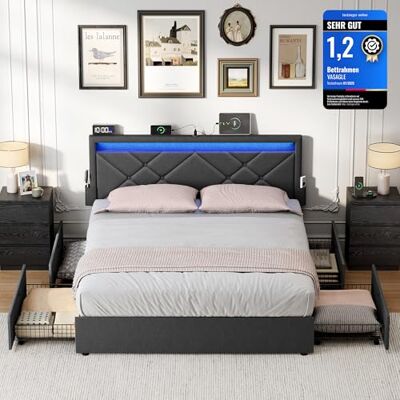 VASAGLE Doppelbettgestell, Bettgestell, 180 x 200 cm, LED, Metallbett, 4 Schubladen, Ladestation, verstellbares gepolstertes Kopfteil, dunkelgrau RMB825GN02 VASAGLE Doppelbettgestell, Bettgestell, 180 x 200 cm, LED, Metallbett, 4 Schubladen, Ladestation, verstellbares gepolstertes Kopfteil, dunkelgrau RMB825GN02
