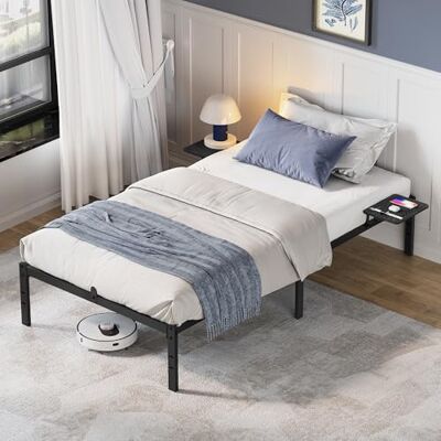 VASAGLE Einzelbettgestell, 90 x 200 cm, Bettrahmen mit Lattenrost 2 Ablagen, aus Stahl, bis 250 kg belastbar, einfache Montage, für Schlafzimmer, mattschwarz, CONNER Kollektion RMB092B01 VASAGLE Einzelbettgestell, 90 x 200 cm, Bettrahmen mit Lattenrost 2 Ablagen, aus Stahl, bis 250 kg belastbar, einfache Montage, für Schlafzimmer, mattschwarz, CONNER Kollektion RMB092B01