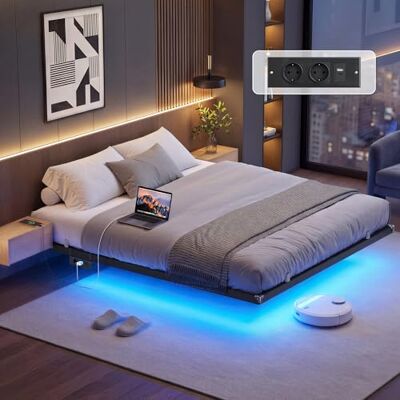 VASAGLE Bettgestell 160 x 200 cm, schwebender Effekt, LED-Beleuchtung, abnehmbare Steckdosenleiste, 2 AC-Steckdosen, 1 USB-C-Anschluss, 2 USB-A-Anschlüsse, trägt bis 500 kg, tintenschwarz RMB175B101 VASAGLE Bettgestell 160 x 200 cm, schwebender Effekt, LED-Beleuchtung, abnehmbare Steckdosenleiste, 2 AC-Steckdosen, 1 USB-C-Anschluss, 2 USB-A-Anschlüsse, trägt bis 500 kg, tintenschwarz RMB175B101