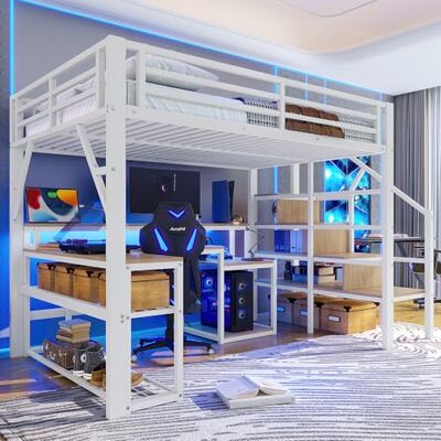 BTM Hochbett 140x200 mit Schreibtisch Metall Hochbett Kinderhochbett mit Rausfallschutz, Stauraum, LED-Lichtleiste (ohne Matratze), Weiß BTM Hochbett 140x200 mit Schreibtisch Metall Hochbett Kinderhochbett mit Rausfallschutz, Stauraum, LED-Lichtleiste (ohne Matratze), Weiß