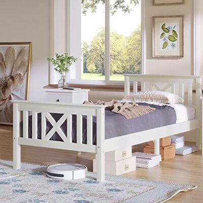 Merax Einzelbett Massivholz 90 x 200 cm, Holzbett mit Kopfteil und Lattenrost, Landhausstil Bettgestell, Kinderbett Jugendbett, Kiefer Massiv, Nur Bettgestel, Weiß Merax Einzelbett Massivholz 90 x 200 cm, Holzbett mit Kopfteil und Lattenrost, Landhausstil Bettgestell, Kinderbett Jugendbett, Kiefer Massiv, Nur Bettgestel, Weiß
