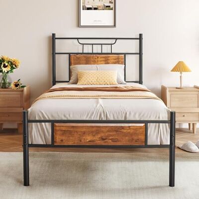 VECELO Bett 90x200 cm mit Holzkopfteil, Holz Metallbett mit Lattenrost, Bettgestell Bettrahmen aus Metall, Einzelbett Jugendbett Gästebett, perfekt für Schlafzimmer, Braun VECELO Bett 90x200 cm mit Holzkopfteil, Holz Metallbett mit Lattenrost, Bettgestell Bettrahmen aus Metall, Einzelbett Jugendbett Gästebett, perfekt für Schlafzimmer, Braun