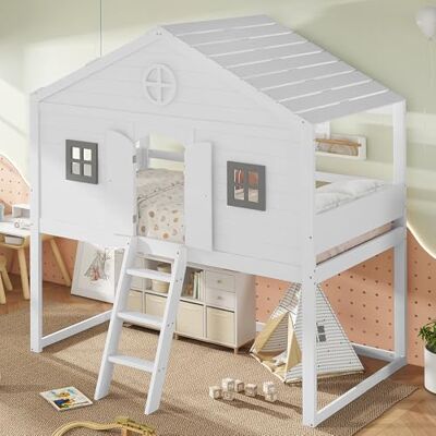 Merax Hochbett 90x200cm, Kinderbett Etagenbett mit Sicherheitsleiter, Rausfallschutz & Lattenrost, Hausbett mit Dach & Fenster, Platzsparendes Stockbett Jugendhochbett, Unterhaltungsbereich, Weiß Merax Hochbett 90x200cm, Kinderbett Etagenbett mit Sicherheitsleiter, Rausfallschutz & Lattenrost, Hausbett mit Dach & Fenster, Platzsparendes Stockbett Jugendhochbett, Unterhaltungsbereich, Weiß