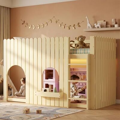 Merax Hochbett 90x200 cm Etagenbett mit Leiter und Zäunen, Kiefer MDF Bettgestell mit LED-Lichtleiste, Ablagefach und Stauraum, Natur Holzoptik, Jugendbett Merax Hochbett 90x200 cm Etagenbett mit Leiter und Zäunen, Kiefer MDF Bettgestell mit LED-Lichtleiste, Ablagefach und Stauraum, Natur Holzoptik, Jugendbett