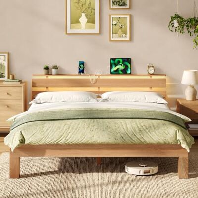 VASAGLE Massivholzbett, Bett Massivholz Buche, mit LED-Beleuchtung und USB Kopfteil, ohne Lattenrost, 160 x 200 cm, Holzfarben, für Schlafzimmer, NYTOR Kollektion RMB255Y101 VASAGLE Massivholzbett, Bett Massivholz Buche, mit LED-Beleuchtung und USB Kopfteil, ohne Lattenrost, 160 x 200 cm, Holzfarben, für Schlafzimmer, NYTOR Kollektion RMB255Y101